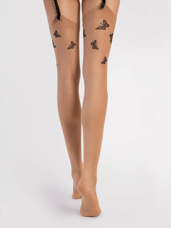 Beżowe pończochy do paska ze wzorkiem motyla Fiore FARFALLE nude